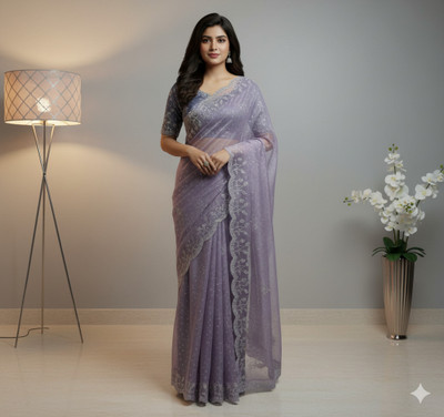 Sudev fashion Embellished Saree with Attached Blouse Net Saree(Purple)