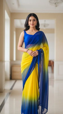 Clothera Color Block Daily Wear Georgette Saree(Yellow, Blue)