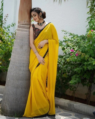 Lakira Solid/Plain Daily Wear Georgette Saree(Yellow)