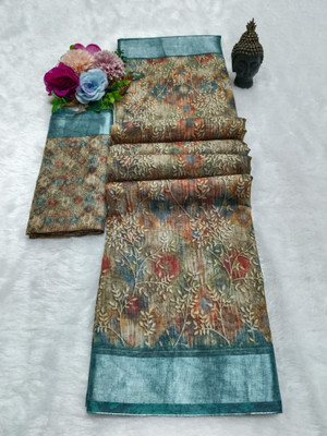 ASHTA Geometric Print Kanjivaram Linen Saree(Brown, Multicolor)