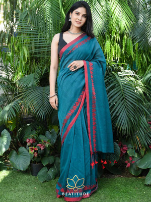 GOURISAREE Temple Border Handloom Cotton Blend Saree(Dark Green)