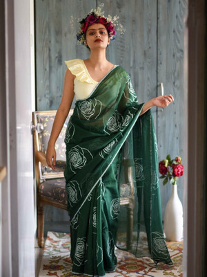 Moda Rapido Digital Print Bollywood Cotton Linen Saree(Green)