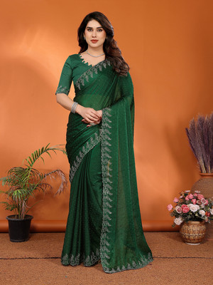 Moda Rapido Embellished, Solid/Plain Bollywood Chiffon Saree(Green)