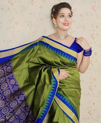 Ansari Fabrics Temple Border Sambalpuri Art Silk Saree(Light Green)