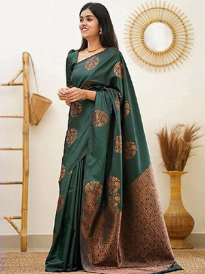 Moda Rapido Woven Banarasi Cotton Blend Saree(Green)