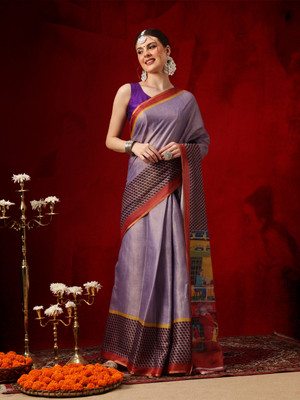 SILK ZONE Printed Bollywood Cotton Silk Saree(Purple)
