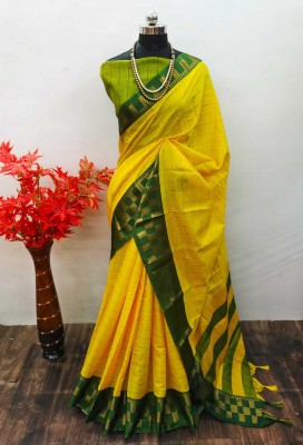 EN Creation Checkered, Embellished, Self Design, Temple Border, Woven Daily Wear Cotton Silk, Jacquard Saree(Yellow, Green)