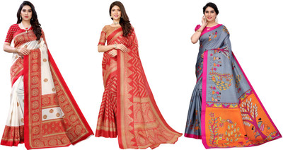 YASHIKA Printed Bhagalpuri Art Silk Saree(Pack of 3, Red, Grey)