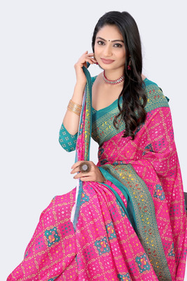 HARIOM FASHION Printed Ikkat Georgette Saree(Light Blue)