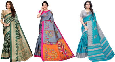 YASHIKA Printed Bhagalpuri Art Silk Saree(Pack of 3, Dark Green, Grey, Blue)