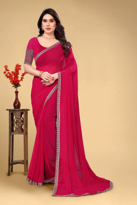 saanvi Dyed, Solid/Plain, Self Design Bollywood Georgette Saree(Red)