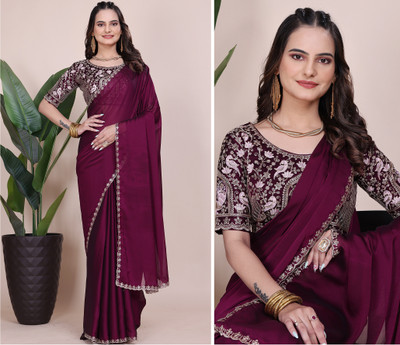niesha fashion Embroidered Bollywood Chiffon Saree(Purple)