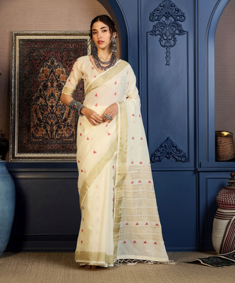 Vichitra Woven, Self Design Handloom Pure Cotton, Jacquard Saree(White)