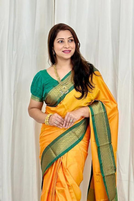 NST five Animal Print Paithani Cotton Silk Saree(Yellow)