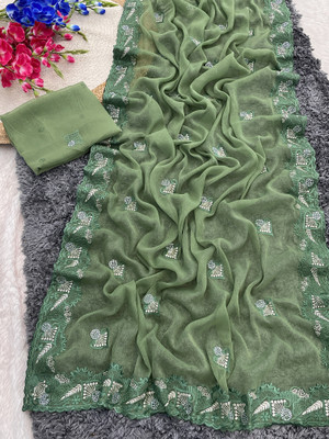 monoria Embroidered Patola Silk Blend Saree(Green)
