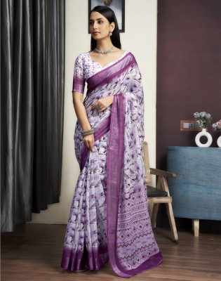 Divastri Printed, Floral Print, Embellished Tant Cotton Blend Saree(White, Purple)