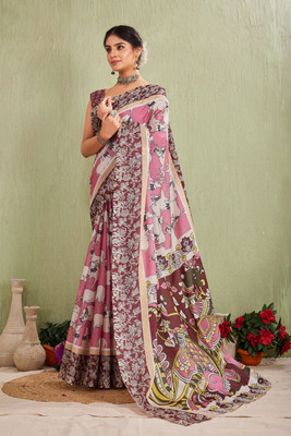 Rashmiwala Floral Print Kalamkari Mulmul Saree(Multicolor)