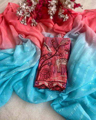 Ethina Fashion Dyed Bollywood Chiffon Saree(Light Blue)