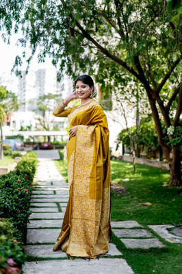PeachPetals Woven Handloom Cotton Silk Saree(Mustard)