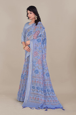 Laxmi Fashion Printed, Floral Print Assam Silk Jacquard, Cotton Silk Saree(Multicolor, Blue)