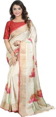 Rashmiwala Floral Print Daily Wear Tussar Silk Saree(Beige, Red)