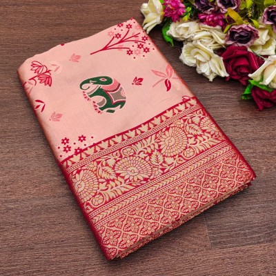 Aldwych Woven, Printed Banarasi Silk Blend Saree(Pink)