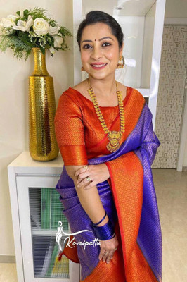 KRIYANSH Woven Kanjivaram Cotton Linen, Jacquard Saree(Blue, Orange)