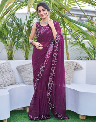 Satrani Dyed, Embellished Bollywood Chiffon, Georgette Saree(Purple)