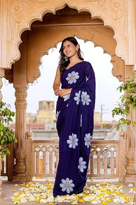 FEMORI Floral Print Bollywood Linen Saree(Blue)