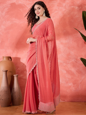 Sangria Embellished Saree with Attached Blouse Art Silk Saree(Pink)