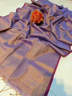 GHOSH TEXTILE Solid/Plain Handloom Cotton Linen Saree(Purple)