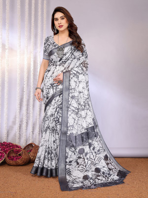 Soor Panchi Digital Print Bandhani Cotton Linen Saree(White)