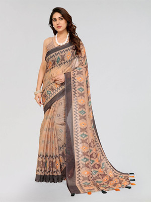 Moda Rapido Printed Bollywood Linen Saree(Beige)