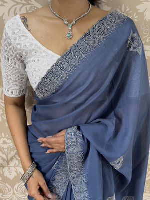 GEETABA FASHION Embroidered Lucknow Chikankari Georgette Saree(Blue)