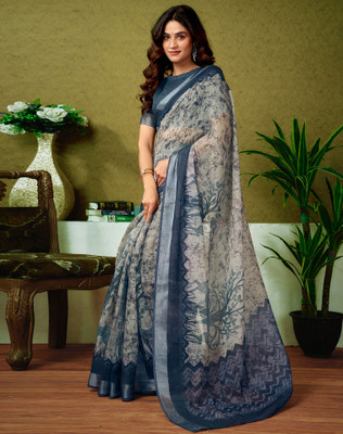 Divastri Floral Print, Printed, Embellished Bollywood Linen Saree(Grey, Black)
