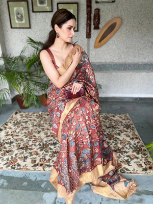kriyafashion Digital Print Chanderi Cotton Linen Saree(Multicolor)
