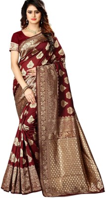 AAGIRI Self Design, Floral Print, Embellished, Woven, Applique Banarasi Jacquard, Art Silk Saree(Maroon)