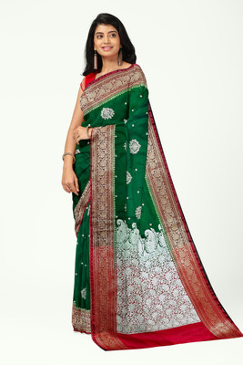 NAZABSAREES Embroidered Banarasi Satin Saree(Dark Green, Green)