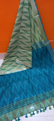 Manikant Handloom Printed Ikkat Cotton Blend Saree(Green, Blue)