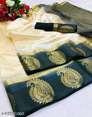 Morpich Fashion Striped Banarasi Silk Blend Saree(Cream)