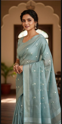 Adishree Embroidered Arani Pattu Cotton Linen Saree(Light Green)