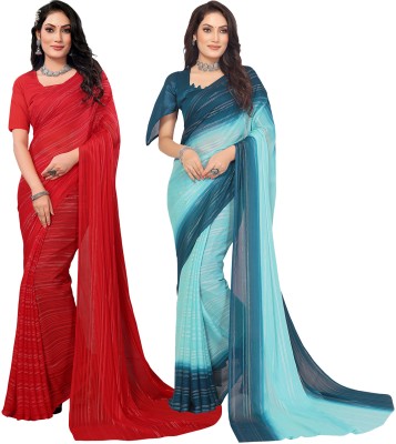 Anand Sarees Striped Bollywood Satin Saree(Pack of 2, Red, Dark Green, Light Blue)