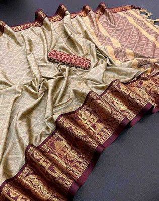 FashionPallavi Printed Kanjivaram Cotton Silk, Jacquard Saree(Beige, Maroon)