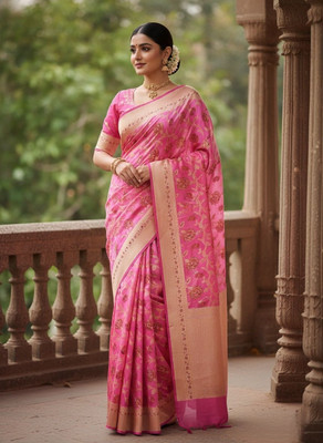 Shanwaz Ahmad Embellished, Self Design Banarasi Chiffon, Pure Silk Saree(Pink)