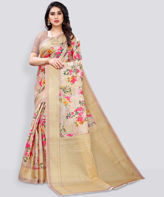 Fabwomen Printed Daily Wear Pure Silk Saree(Cream)