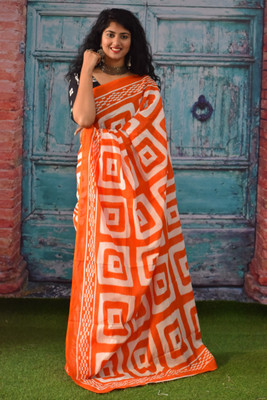 Clothonus Printed Ikkat Pure Cotton Saree(Orange)