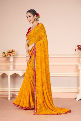 rudraCreation Printed Bandhani Georgette Saree(Yellow)