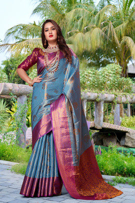 jayant creation Self Design, Woven Daily Wear Silk Blend, Jacquard Saree(Light Blue)