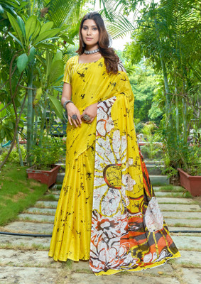 Divastri Blocked Printed, Printed Chanderi Cotton Blend Saree(Yellow)