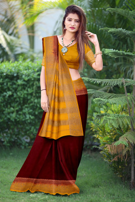JERAVI Enterprise Embroidered Kanjivaram Brasso, Georgette Saree(Maroon, Yellow)
